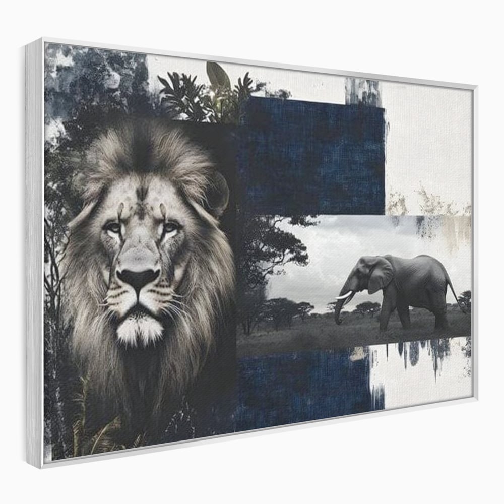 Tablou canvas cu tablou canvas cu leu si elefant, in rama de aluminiu argintiu